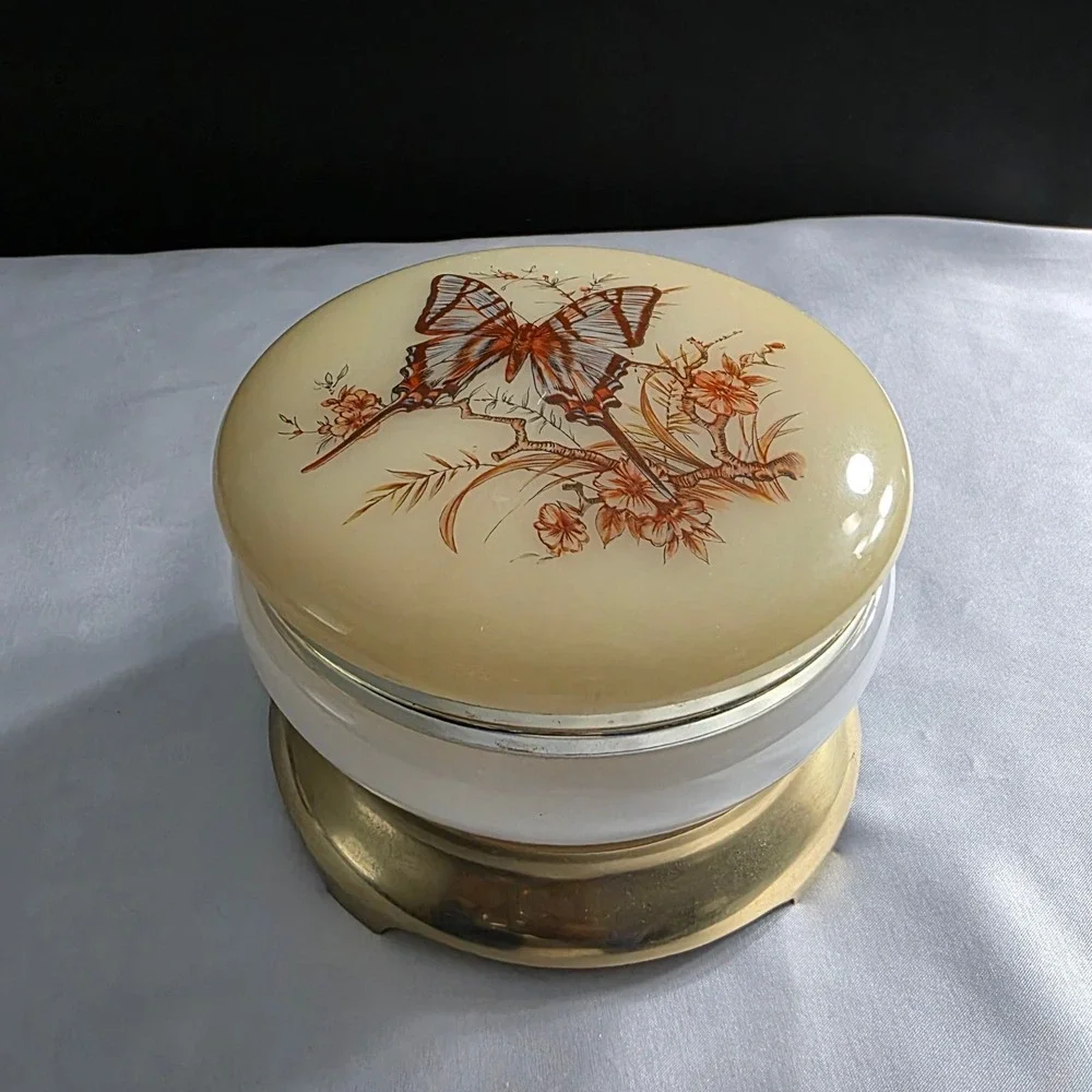 Vintage Italian Alabaster Butterfly Trinket Box Yellow Vanity Jar Keepsake Box
